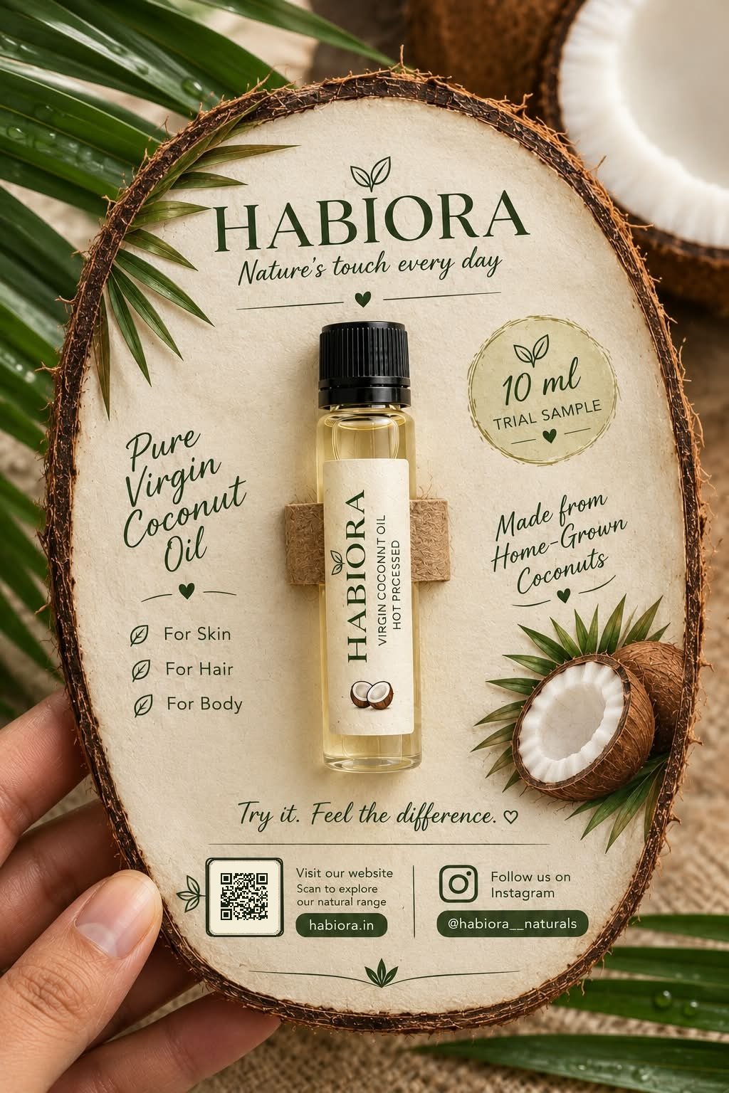Habiora virgin coconut oil 10 ml trial sample bottle
